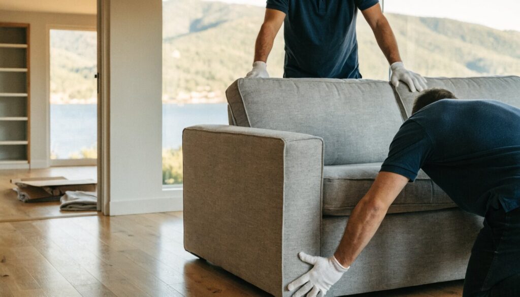 White glove delivery: two movers placing a new sofa in a Kelowna living room