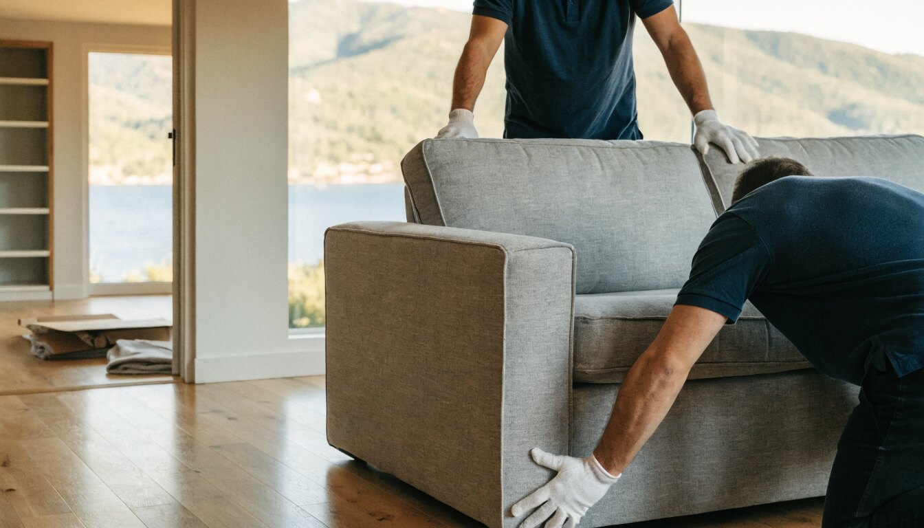 White glove delivery: two movers placing a new sofa in a Kelowna living room